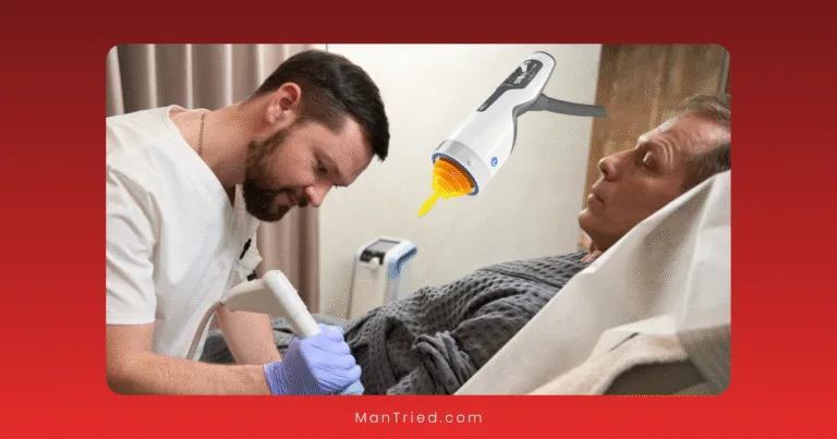 A man in a clinic bed receives a facial treatment using shockwave therapy protocols from a healthcare professional with a handheld device, while an illustrated oversized device is superimposed above them. The setting appears clean and clinical.
