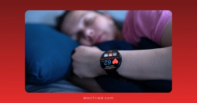 A person sleeps on their side, hugging a blue pillow, wearing a smartwatch that tracks sleep and heart rate data—highlighting how sleep tech for sexual health can enhance wellbeing. The scene features a red background and border.