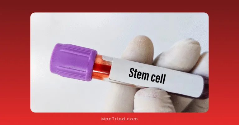 A gloved hand holds a vial of blood with a purple cap and a label reading Stem cell, symbolizing advancements like stem cell therapy for ED, against a red gradient background.