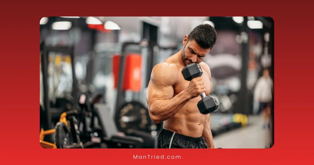 A muscular man in a gym lifts a dumbbell with one arm, focusing on his bicep curl—a classic strength training move known to help boost testosterone. Gym equipment and a blurred background are visible behind him.