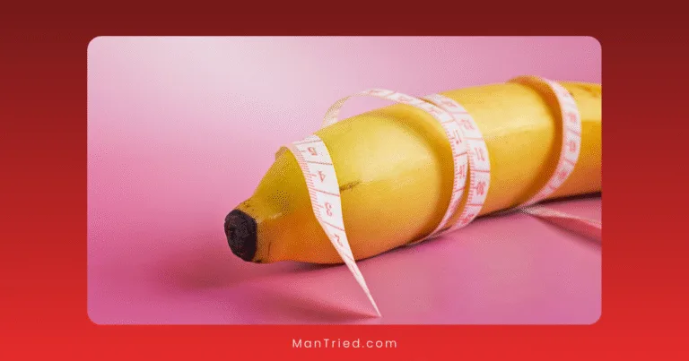 A yellow banana wrapped with a white measuring tape, placed on a pink surface with a gradient red border, creatively represents the concept of surgical vs non-surgical Peyronie's treatment.
