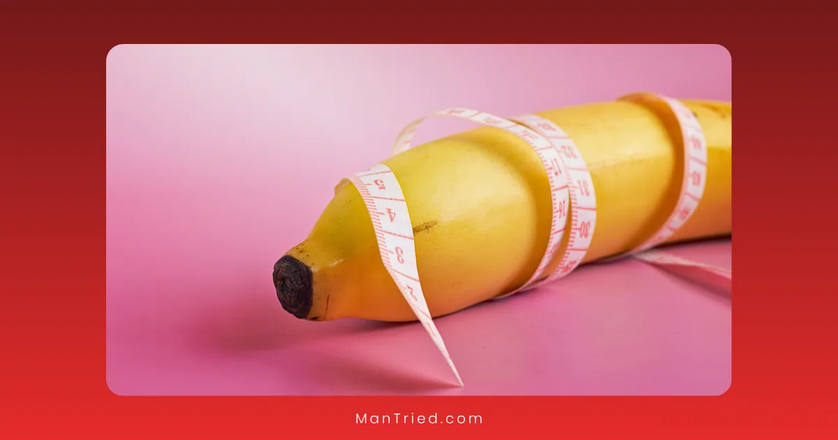 A yellow banana wrapped with a white measuring tape, placed on a pink surface with a gradient red border, creatively represents the concept of surgical vs non-surgical Peyronie's treatment.