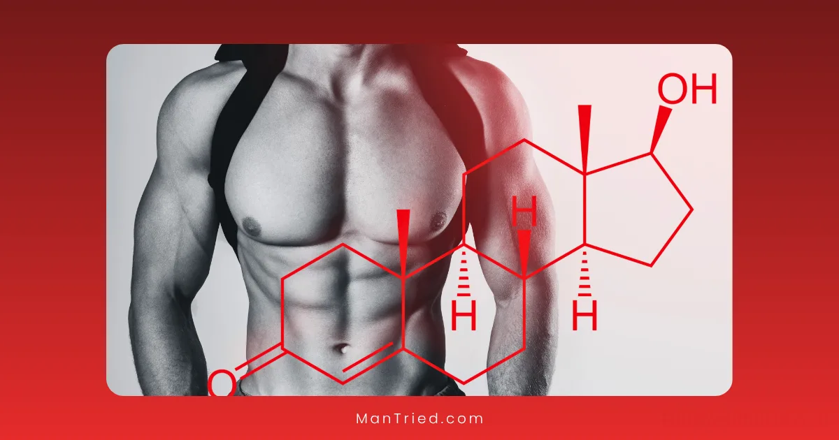 A shirtless, muscular man with defined abs stands beside a chemical diagram, symbolizing testosterone and libido, on a red gradient background.