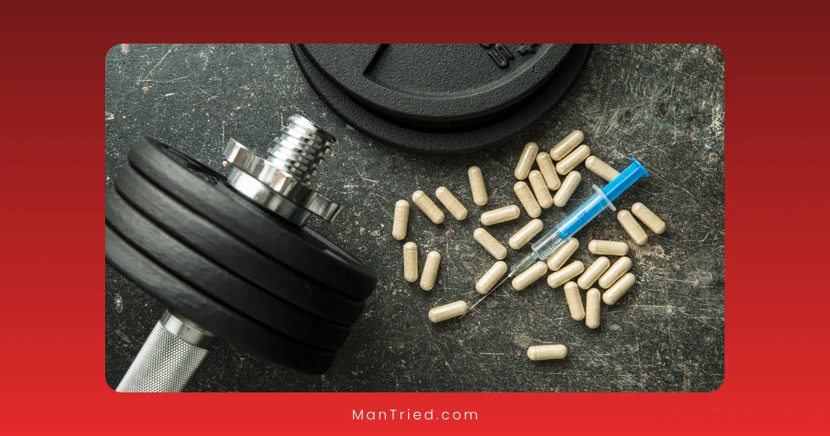 A dumbbell, several capsules, a syringe, and weight plates are arranged on a dark, textured surface, evoking themes of exercise, supplements like testosterone boosters, and possible performance enhancement.