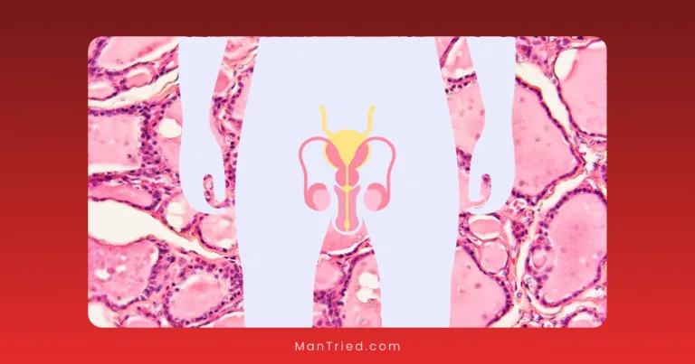 Silhouette of a person with highlighted male reproductive organs over a pink microscopic tissue background, emphasizing tissue regeneration in male sexual health.