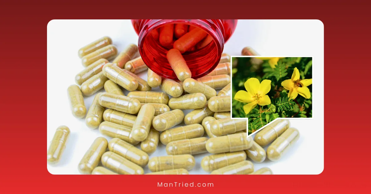 A red container spills yellowish-green capsules onto a white surface. Inset shows a close-up of tribulus terrestris flowering plants, suggesting the capsules contain plant-based ingredients known to support testosterone levels.