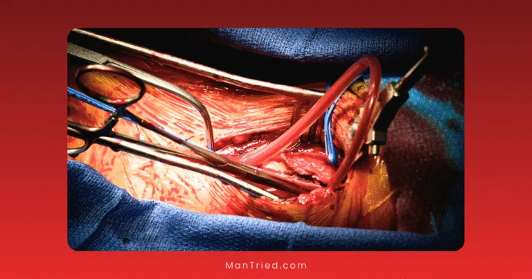 A close-up view of an open vascular surgery for ED shows exposed tissue, surgical instruments, and tubes, with blue surgical drapes surrounding the area. The image features a red gradient border.