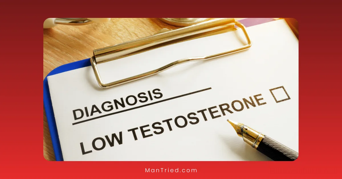 A clipboard with a paper labeled Diagnosis: Low Testosterone next to a pen, highlighting the warning signs of low testosterone.