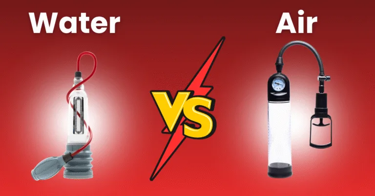 A red background shows Water on the left above a water-based pump, Air on the right above an air-based pump, and a yellow VS with a lightning bolt in the center, highlighting the water vs air pumps comparison.