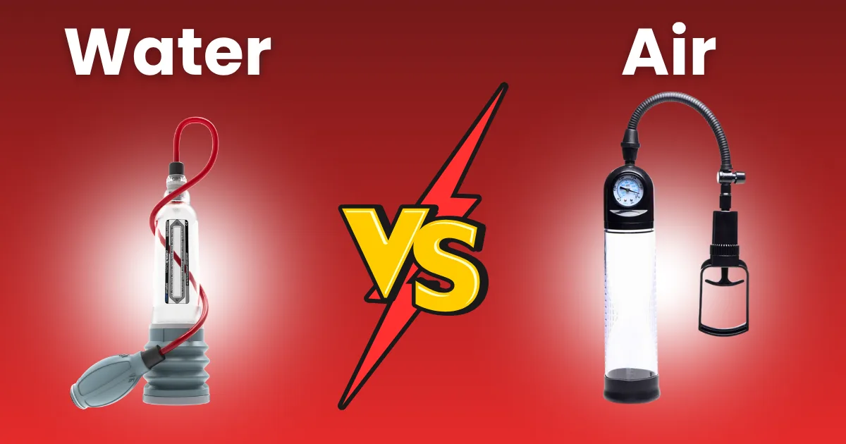 A red background shows Water on the left above a water-based pump, Air on the right above an air-based pump, and a yellow VS with a lightning bolt in the center, highlighting the water vs air pumps comparison.