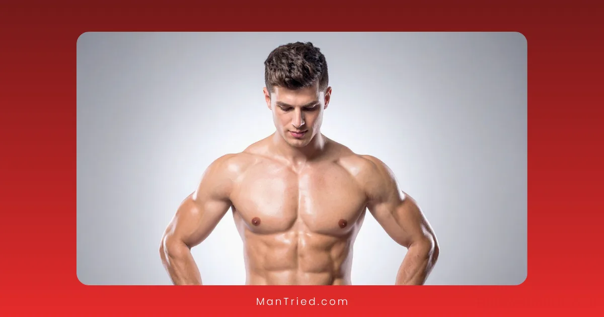 A muscular, shirtless man with short dark hair looks down, displaying defined abs and arms, highlighting the benefits of a workout plan for better erections. Set against a light gray background with a red border.