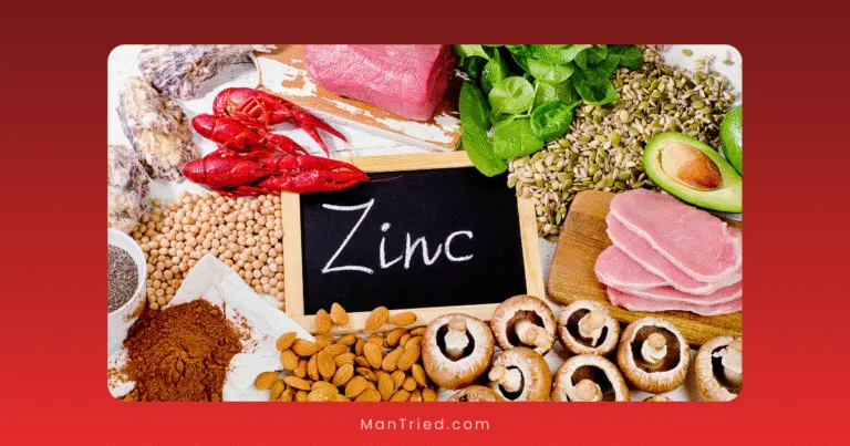 A variety of zinc-rich foods, known to support zinc for sexual health, surround a chalkboard with zinc written on it, including mushrooms, almonds, spinach, seeds, avocado, pork, cocoa powder, beans, seafood, and grains.