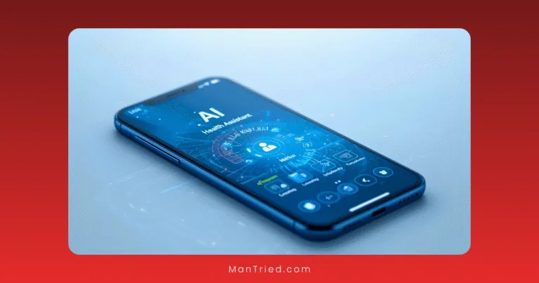A smartphone displaying an AI-powered virtual assistant interface with digital icons and data graphics on the screen showcases the latest in AI sexual health apps, set against a blue and red gradient background.