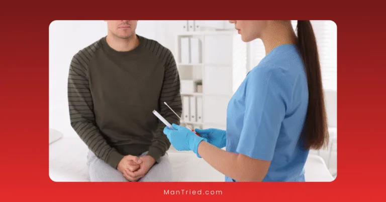 A healthcare professional in blue scrubs and gloves holds a clipboard while discussing STI testing with a seated man in a casual sweater, inside a medical office.