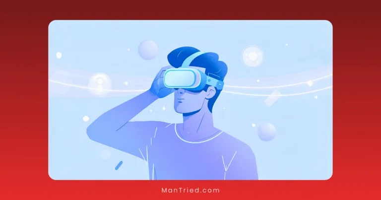 Illustration of a person wearing virtual reality goggles, holding one hand to the headset, with abstract shapes and sparkles in the background. The blue-themed image with a red border highlights VR therapy for sexual anxiety.