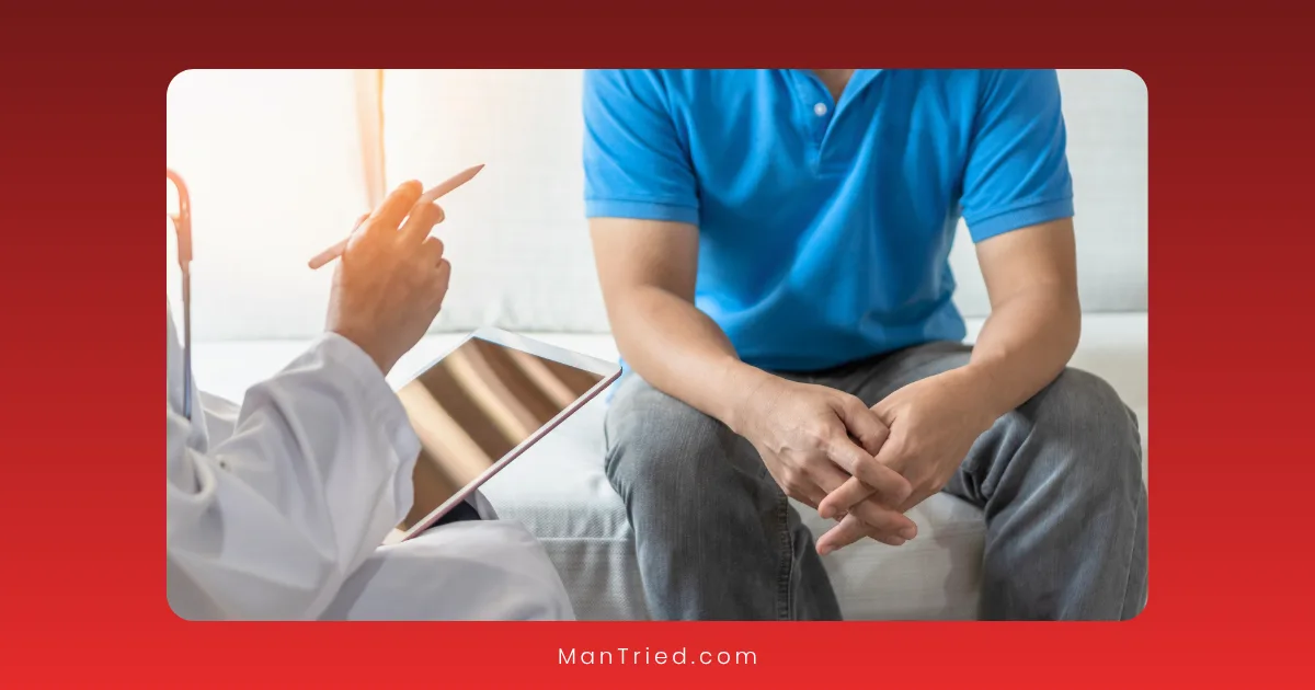 A man in a blue shirt sits on a couch with his hands clasped, facing a healthcare professional holding a clipboard and pen during a consultation about cultural stigmas.