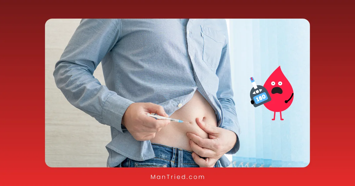 A person injects insulin into their abdomen. Beside them, a cartoon blood drop holds a glucometer displaying a reading, highlighting the link between diabetes and sexual function.