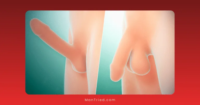 A digital illustration shows a penis in both erect (left) and flaccid (right) states, displayed side by side against a teal background with a red border, visually representing the erection process explained.