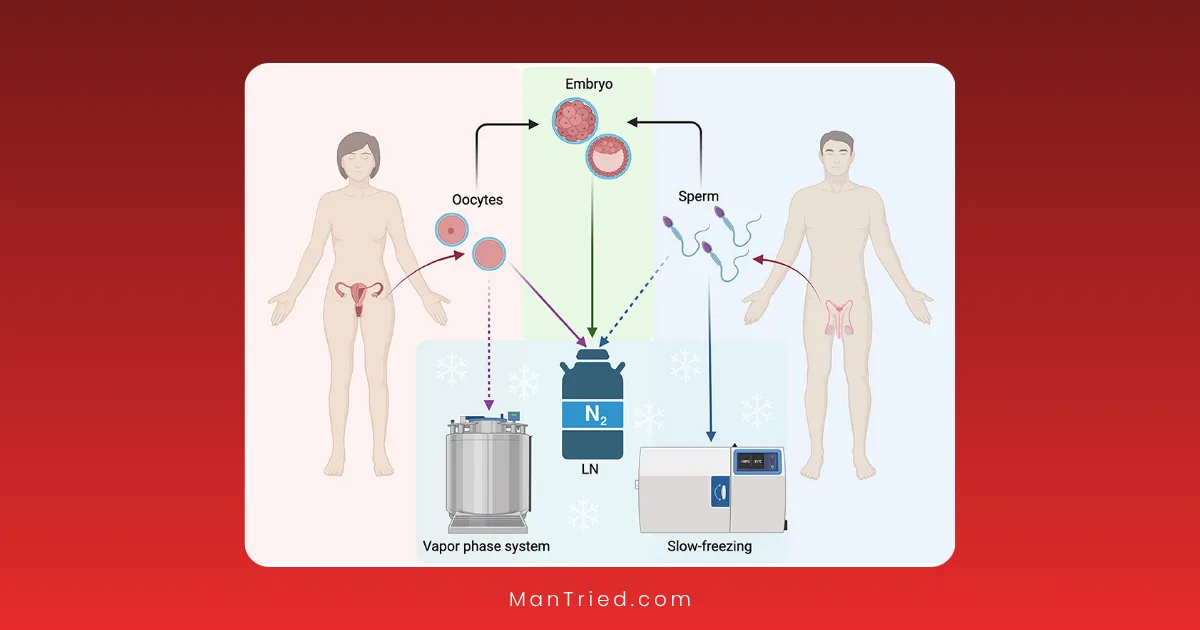 Diagram showing fertility preservation: oocytes from a woman and sperm from a man stored by freezing methods. Oocytes and sperm can form an embryo, also preserved in liquid nitrogen using vapor phase system or slow-freezing.