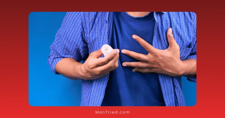 A person in a blue shirt holds a bottle of pills and clutches their chest, suggesting chest pain—potential signs of heart disease or erectile dysfunction. The background is blue with a red border.