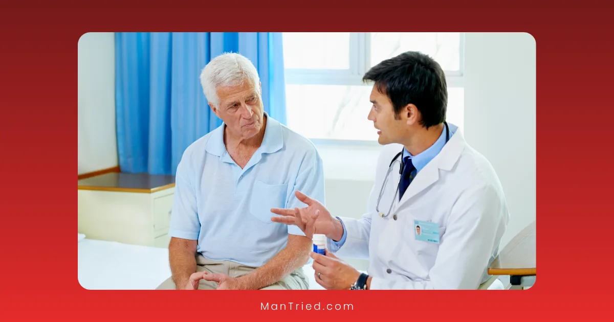 A doctor in a white coat speaks to an older man sitting on a hospital bed, both appearing engaged in conversation about medications and sexual function. The setting is a bright, clinical room with blue curtains and a window.