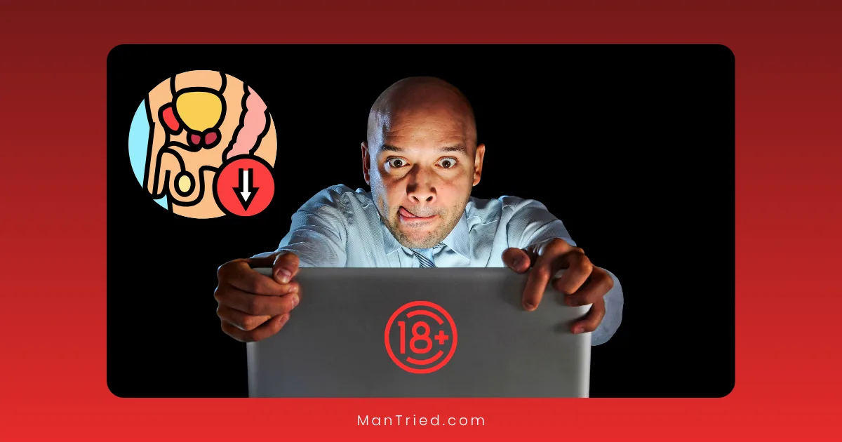 A man looks intensely at a laptop with an 18+ symbol, while a diagram of male anatomy and a downward arrow appears in the corner, suggesting adult content or issues like porn-induced erectile dysfunction.