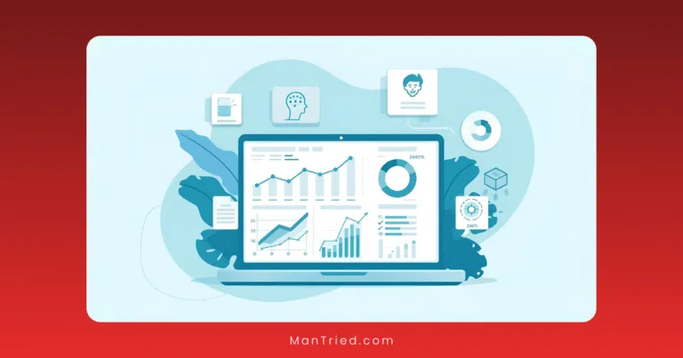 A laptop screen displays various data visualizations including charts, graphs, and pie charts—highlighting predictive analytics in sexual medicine—surrounded by icons of a brain, a checklist, a person, and other analytics symbols on a red and blue background.