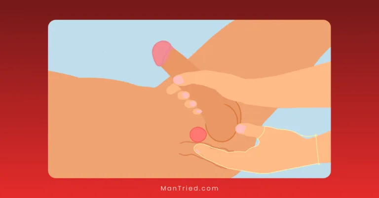 Illustration of two hands performing a testicular self-exam on a scrotum, gently palpating and checking for lumps. The blue background with a red border highlights the importance of men’s health, including testicular and prostate awareness.