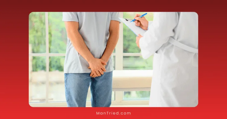 A man stands with his hands covering his groin while a doctor in a white coat writes on a clipboard during a consultation about sexual function after prostate cancer.