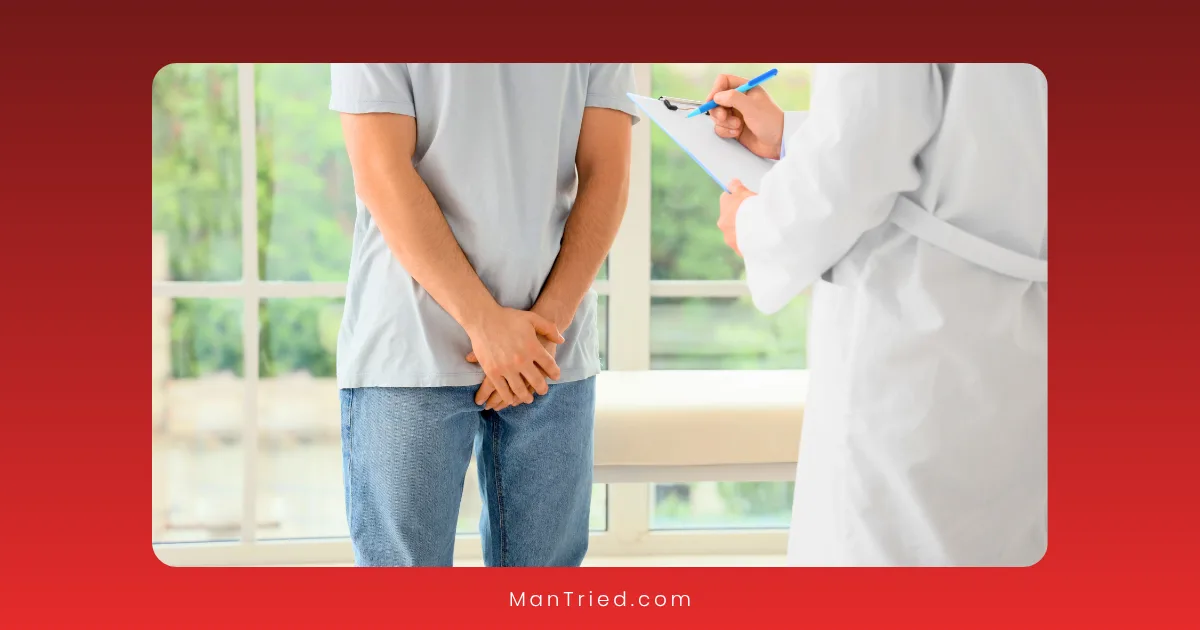 A man stands with his hands covering his groin while a doctor in a white coat writes on a clipboard during a consultation about sexual function after prostate cancer.