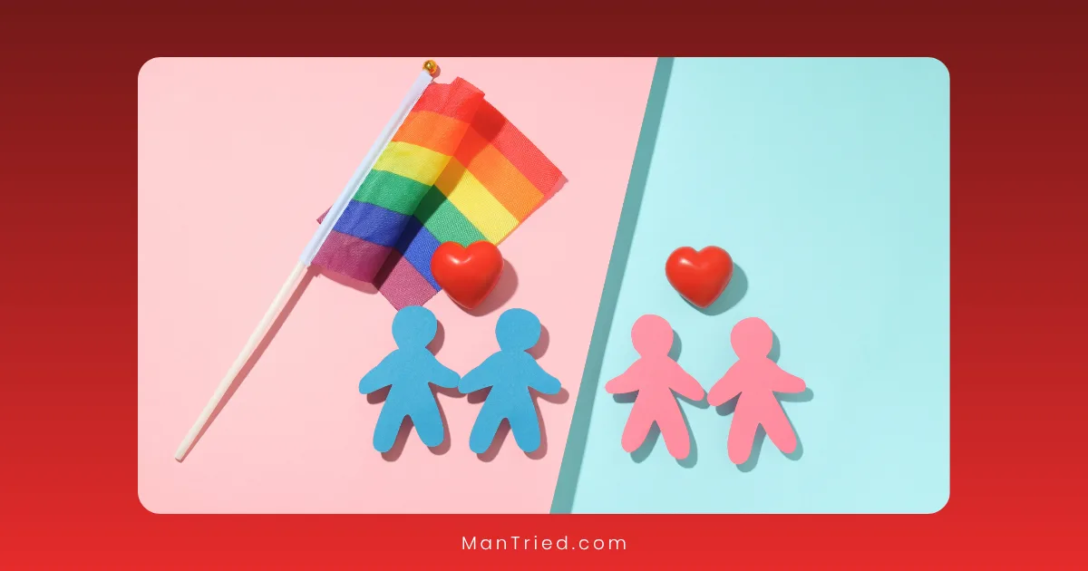 Paper cutouts of two blue figures and three pink figures are separated on a pastel background, with a rainbow pride flag and red hearts, symbolizing LGBTQ+ themes and men in same-sex relationships.