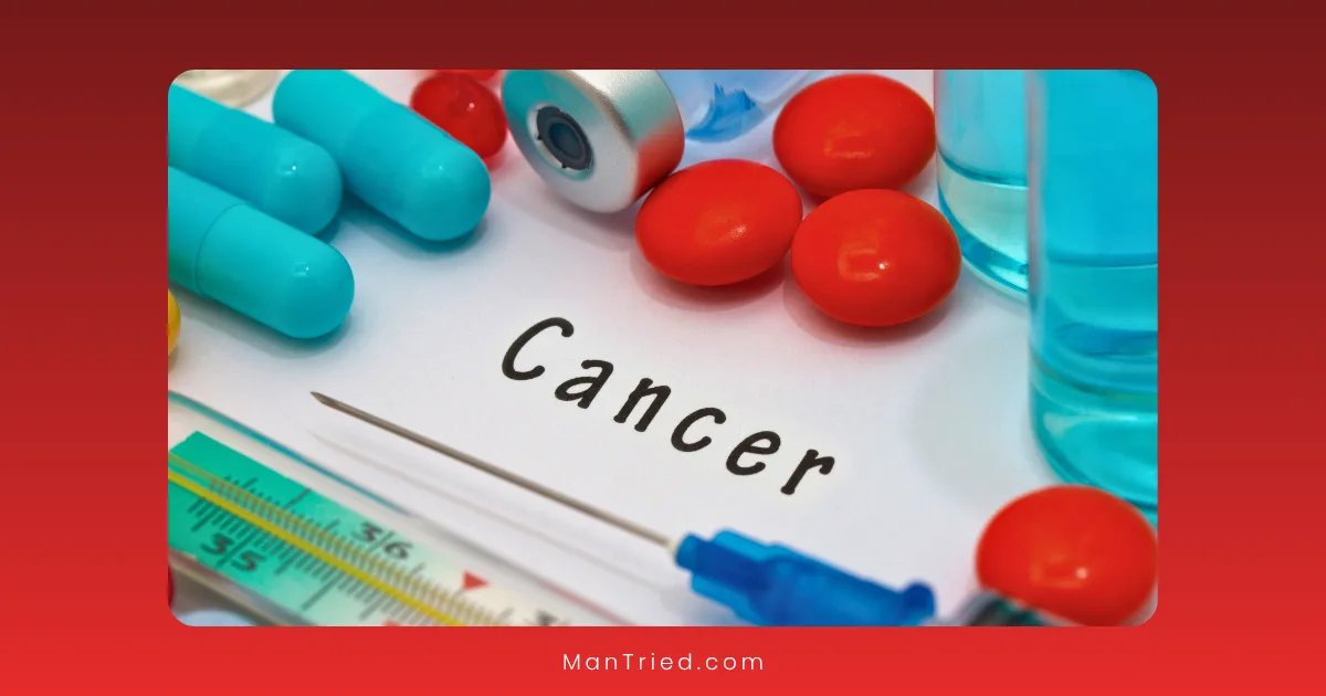 Various medical items, including pills, capsules, a syringe, and vials surround the word “Cancer” on paper. With a red background, this image highlights concerns like sexual side effects of cancer medications.