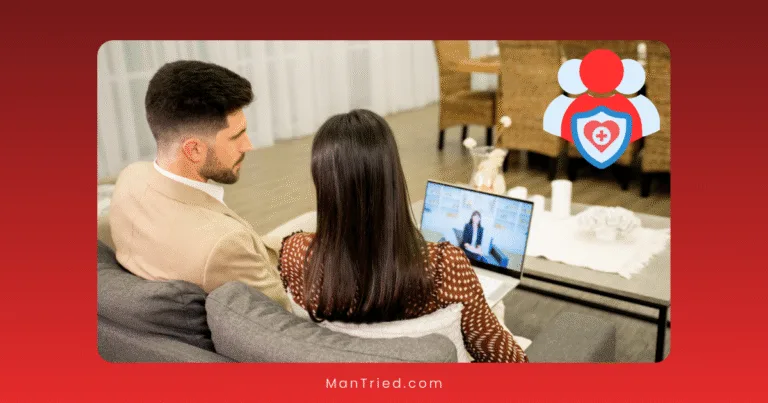 A man and woman sit on a couch, looking at a laptop screen displaying a sexual telemedicine consultation. An icon of people and a health shield for insurance is in the top right corner.