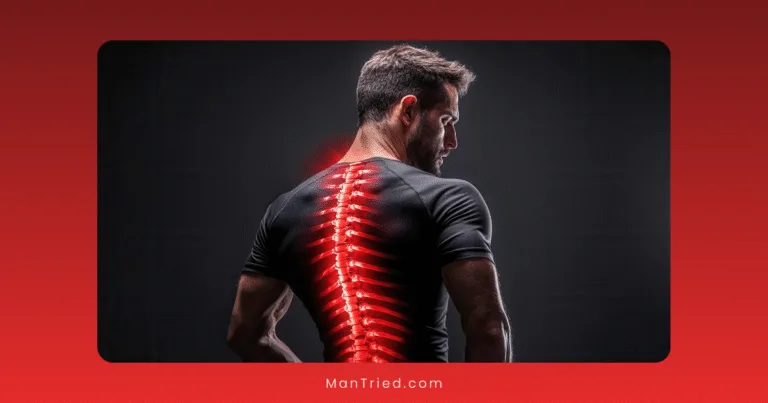 A man with his back to the camera has a glowing, red-highlighted spine visible through his shirt, indicating possible spinal cord injury or back pain.