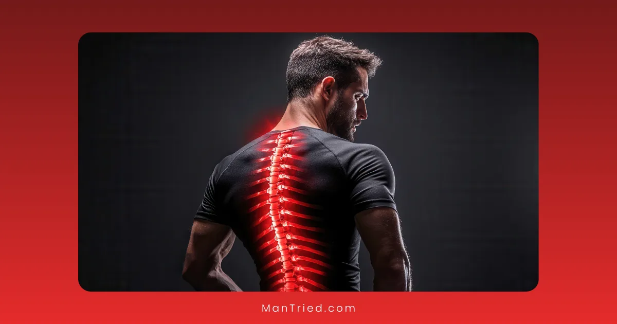 A man with his back to the camera has a glowing, red-highlighted spine visible through his shirt, indicating possible spinal cord injury or back pain.