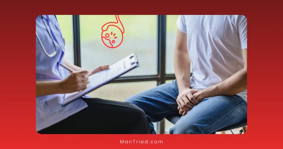 A doctor holding a clipboard talks to a man sitting with hands clasped over his lap; a medical stomach icon appears above them, highlighting concerns often faced by testicular cancer survivors.