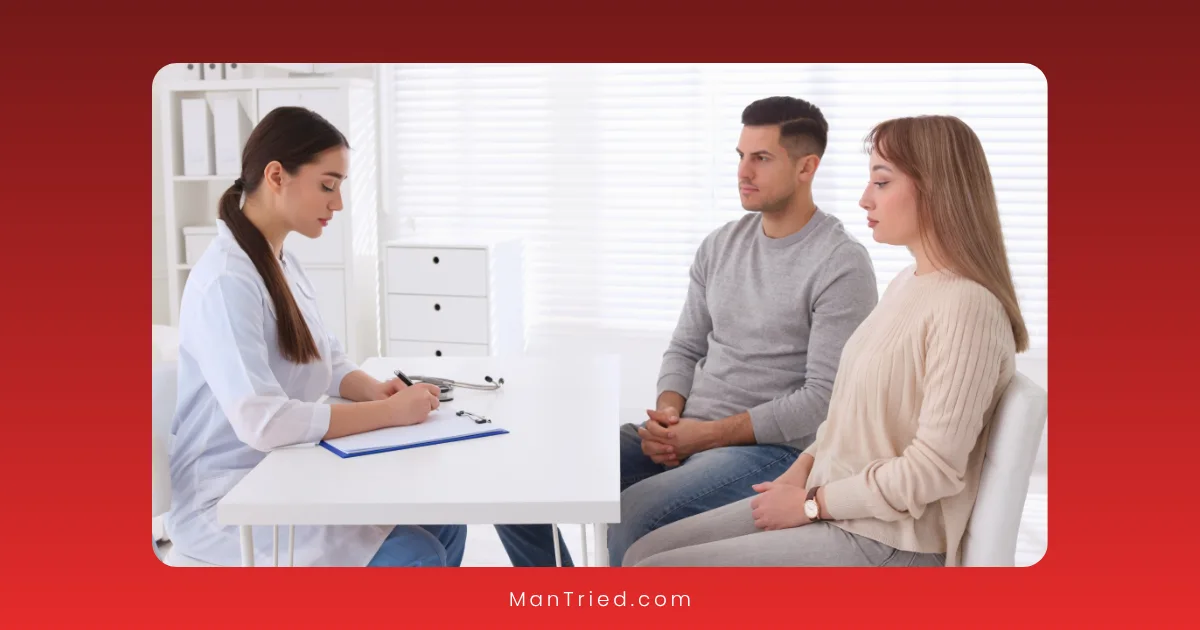 A female doctor sits at a desk taking notes while a man and woman, appearing serious, discuss traditional values and modern sexual health in a bright office.